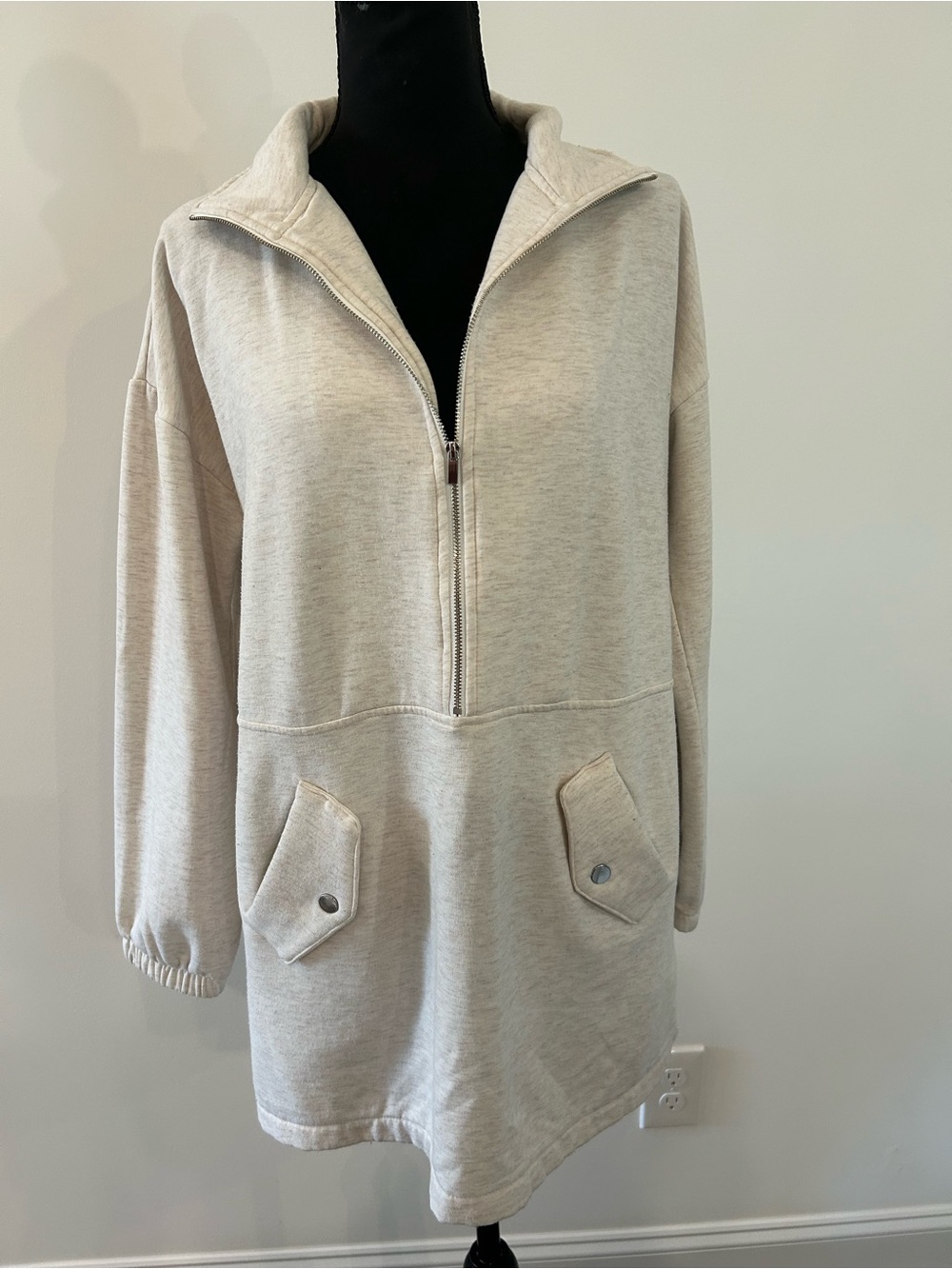 H by Halston Ivory Funnel Neck Zip Front Tunic Sweatshirt Top